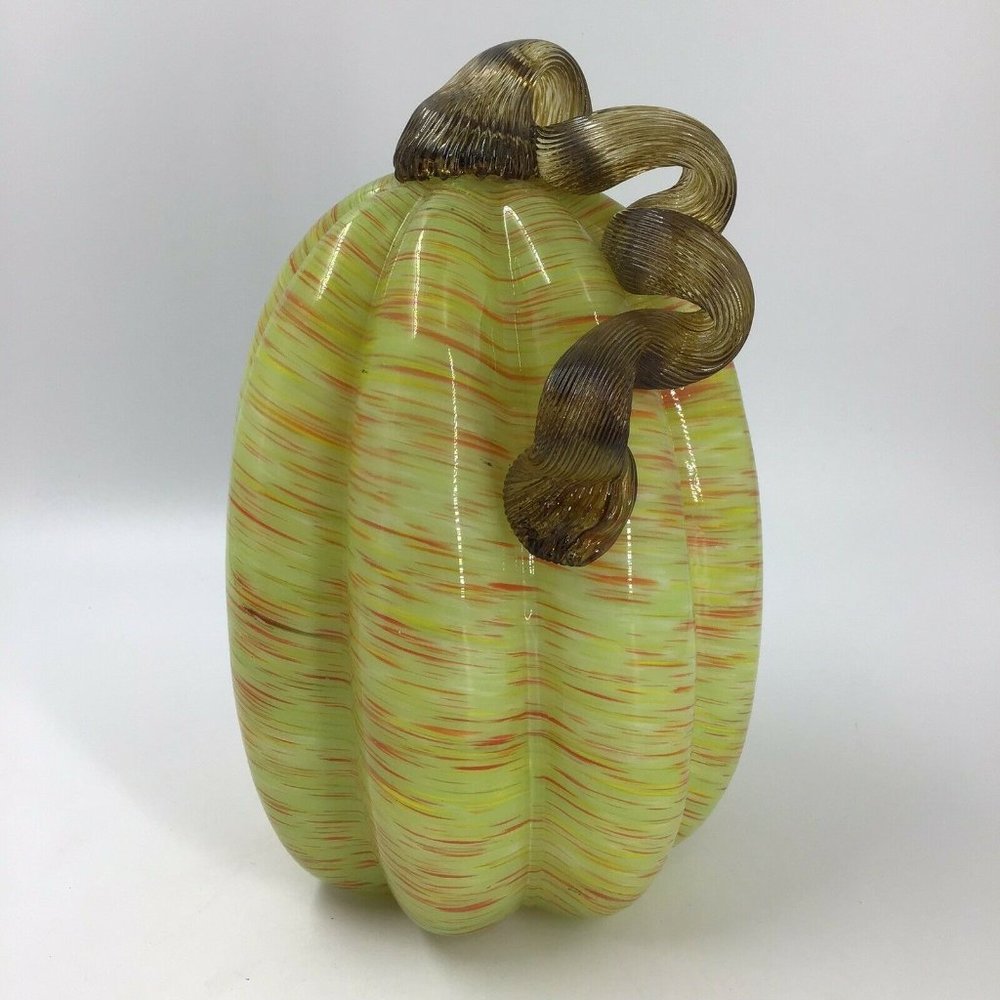 Murano Style Hand Blown Art Glass Orange/Yellow/Green/Brown Pumpkin 9" Tall